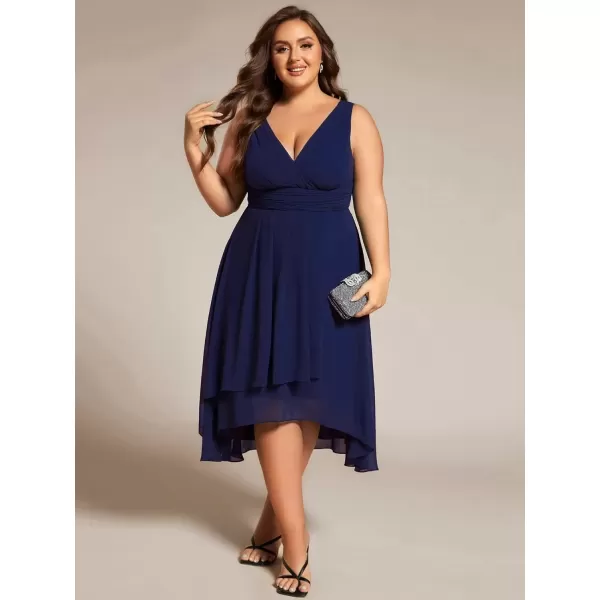 imageEverPretty A Line V Neck Sleeveless Chiffon Plus Size Pleated High Low Summer Wedding Guest Dresses for Curvy Women 61926DANavy Blue