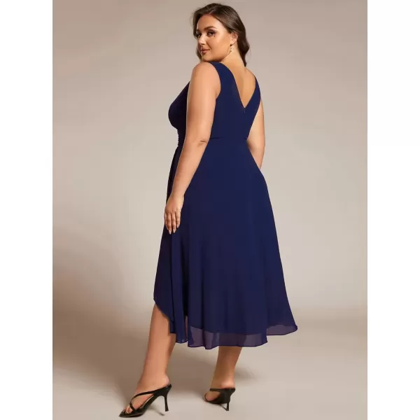 imageEverPretty A Line V Neck Sleeveless Chiffon Plus Size Pleated High Low Summer Wedding Guest Dresses for Curvy Women 61926DANavy Blue