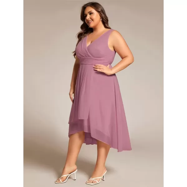 imageEverPretty A Line V Neck Sleeveless Chiffon Plus Size Pleated High Low Summer Wedding Guest Dresses for Curvy Women 61926DAOrchid