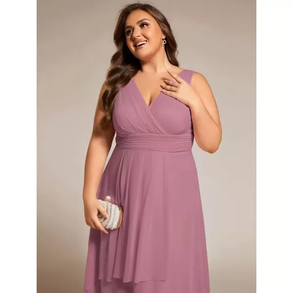 imageEverPretty A Line V Neck Sleeveless Chiffon Plus Size Pleated High Low Summer Wedding Guest Dresses for Curvy Women 61926DAOrchid