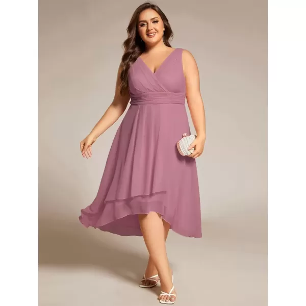 imageEverPretty A Line V Neck Sleeveless Chiffon Plus Size Pleated High Low Summer Wedding Guest Dresses for Curvy Women 61926DAOrchid