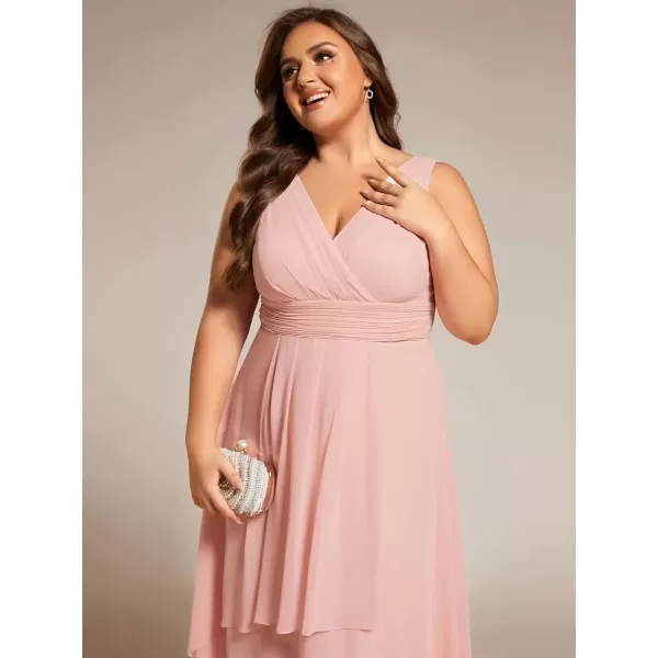 imageEverPretty A Line V Neck Sleeveless Chiffon Plus Size Pleated High Low Summer Wedding Guest Dresses for Curvy Women 61926DAPink