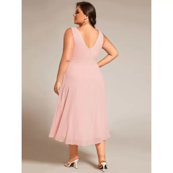 imageEverPretty A Line V Neck Sleeveless Chiffon Plus Size Pleated High Low Summer Wedding Guest Dresses for Curvy Women 61926DAPink