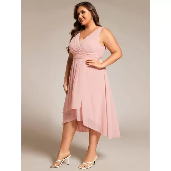 imageEverPretty A Line V Neck Sleeveless Chiffon Plus Size Pleated High Low Summer Wedding Guest Dresses for Curvy Women 61926DAPink