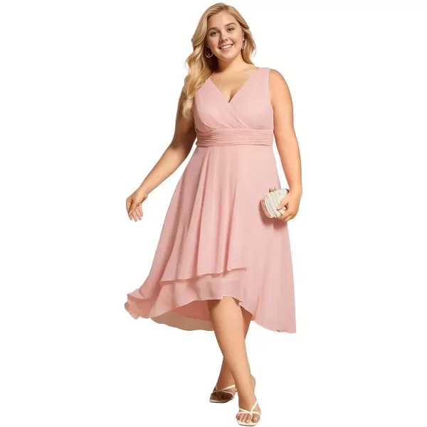 imageEverPretty A Line V Neck Sleeveless Chiffon Plus Size Pleated High Low Summer Wedding Guest Dresses for Curvy Women 61926DAPink