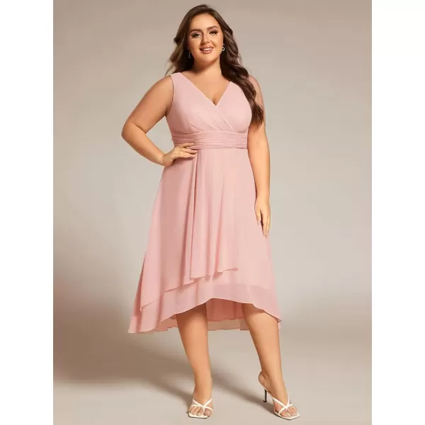 imageEverPretty A Line V Neck Sleeveless Chiffon Plus Size Pleated High Low Summer Wedding Guest Dresses for Curvy Women 61926DAPink