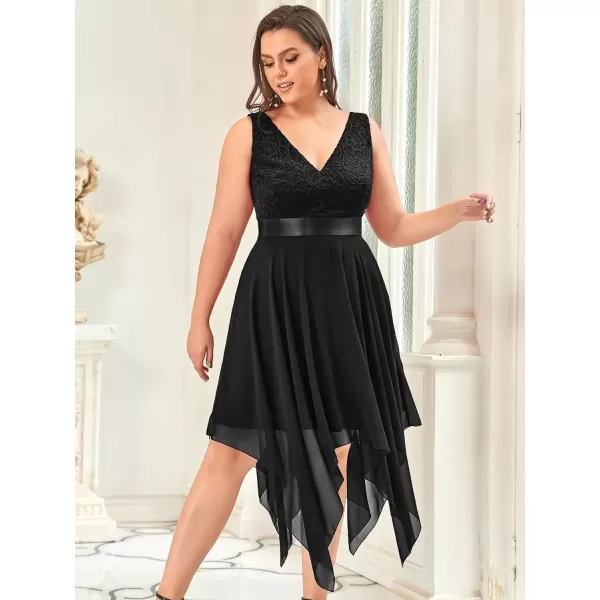 imageEverPretty V Neck Chiffon Lace Asymmetric Plus Size Knee Length Summer Formal Cocktail Dresses for Curvy Women 00207DAPHBlack