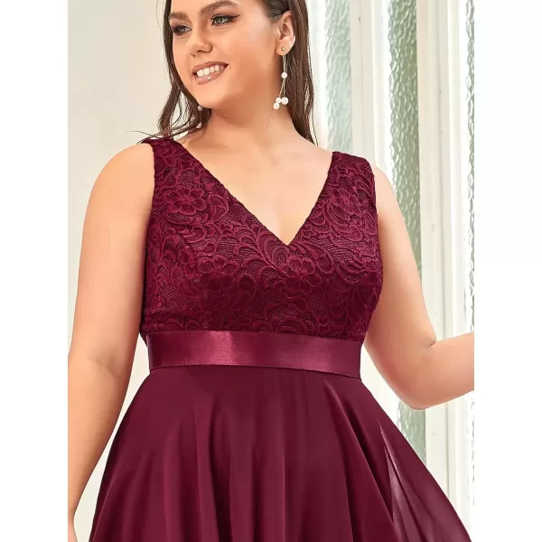 imageEverPretty V Neck Chiffon Lace Asymmetric Plus Size Knee Length Summer Formal Cocktail Dresses for Curvy Women 00207DAPHBurgundy