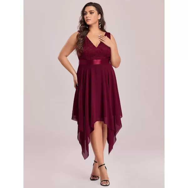 imageEverPretty V Neck Chiffon Lace Asymmetric Plus Size Knee Length Summer Formal Cocktail Dresses for Curvy Women 00207DAPHBurgundy