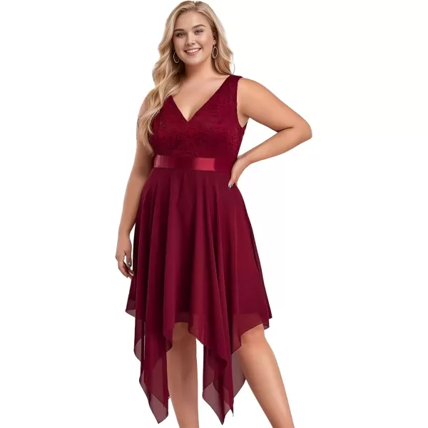 imageEverPretty V Neck Chiffon Lace Asymmetric Plus Size Knee Length Summer Formal Cocktail Dresses for Curvy Women 00207DAPHBurgundy