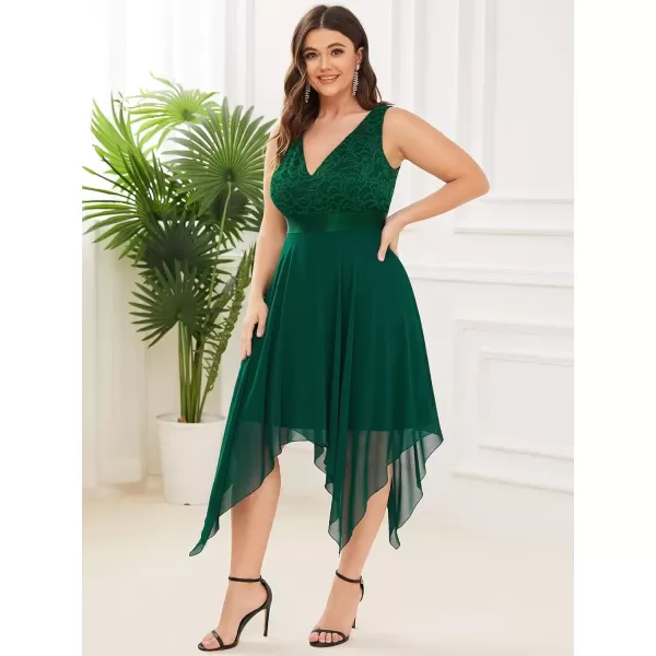 imageEverPretty V Neck Chiffon Lace Asymmetric Plus Size Knee Length Summer Formal Cocktail Dresses for Curvy Women 00207DAPHDark Green