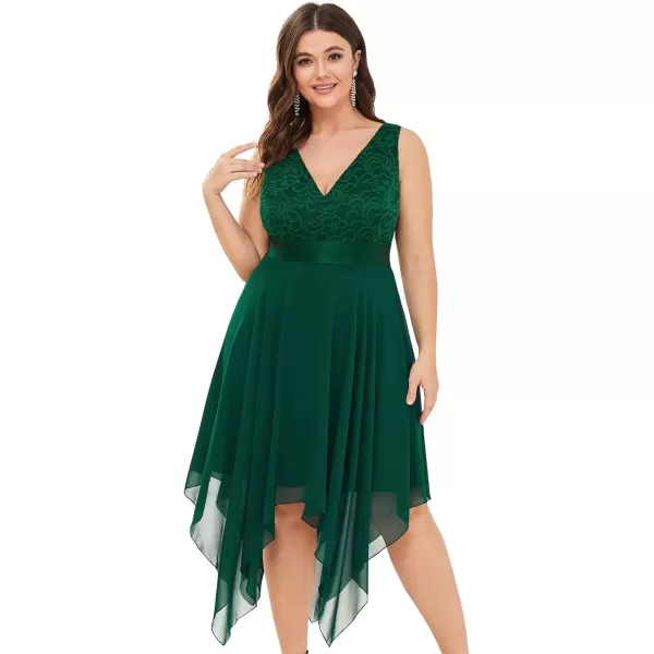 imageEverPretty V Neck Chiffon Lace Asymmetric Plus Size Knee Length Summer Formal Cocktail Dresses for Curvy Women 00207DAPHDark Green