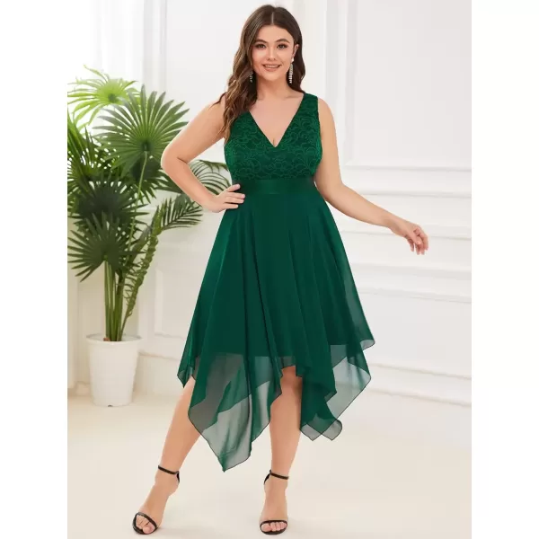 imageEverPretty V Neck Chiffon Lace Asymmetric Plus Size Knee Length Summer Formal Cocktail Dresses for Curvy Women 00207DAPHDark Green