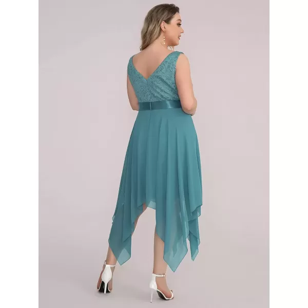 imageEverPretty V Neck Chiffon Lace Asymmetric Plus Size Knee Length Summer Formal Cocktail Dresses for Curvy Women 00207DAPHDusty Blue