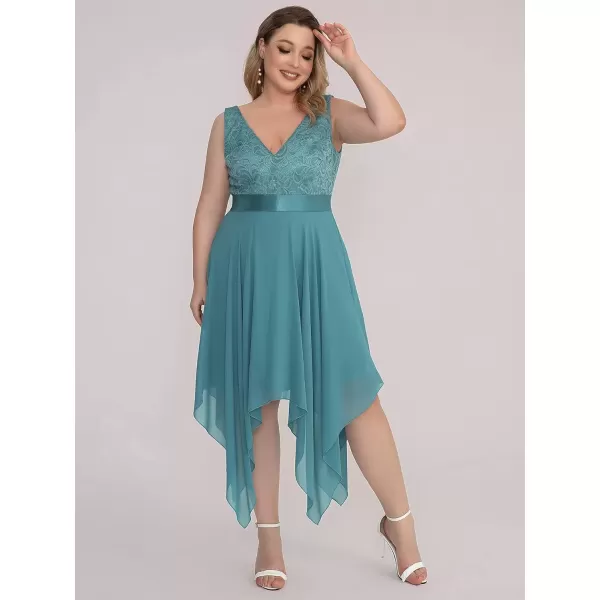 imageEverPretty V Neck Chiffon Lace Asymmetric Plus Size Knee Length Summer Formal Cocktail Dresses for Curvy Women 00207DAPHDusty Blue