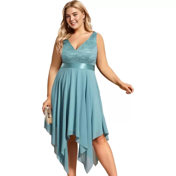 imageEverPretty V Neck Chiffon Lace Asymmetric Plus Size Knee Length Summer Formal Cocktail Dresses for Curvy Women 00207DAPHDusty Blue