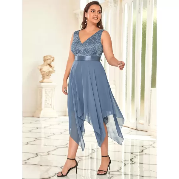 imageEverPretty V Neck Chiffon Lace Asymmetric Plus Size Knee Length Summer Formal Cocktail Dresses for Curvy Women 00207DAPHDusty Navy