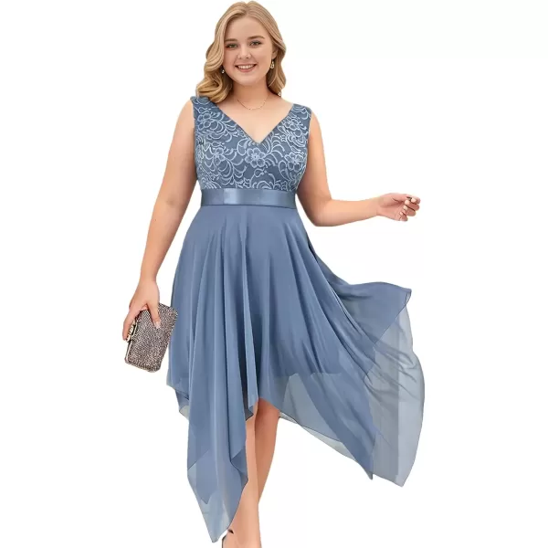 imageEverPretty V Neck Chiffon Lace Asymmetric Plus Size Knee Length Summer Formal Cocktail Dresses for Curvy Women 00207DAPHDusty Navy