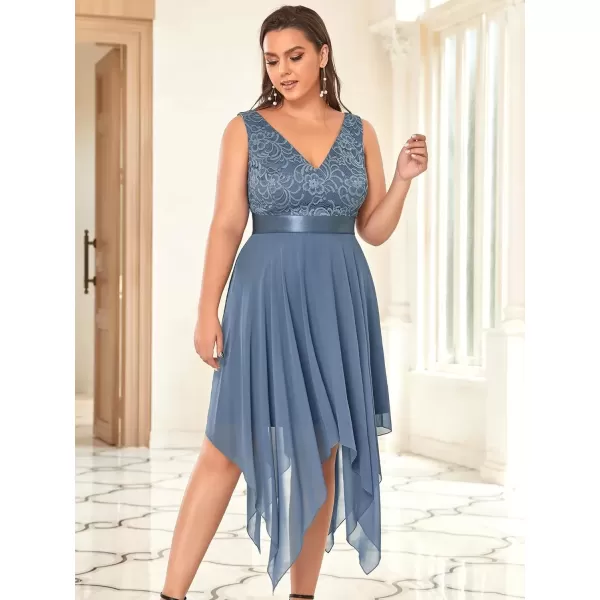 imageEverPretty V Neck Chiffon Lace Asymmetric Plus Size Knee Length Summer Formal Cocktail Dresses for Curvy Women 00207DAPHDusty Navy