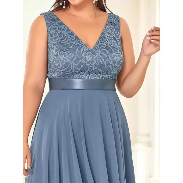 imageEverPretty V Neck Chiffon Lace Asymmetric Plus Size Knee Length Summer Formal Cocktail Dresses for Curvy Women 00207DAPHDusty Navy