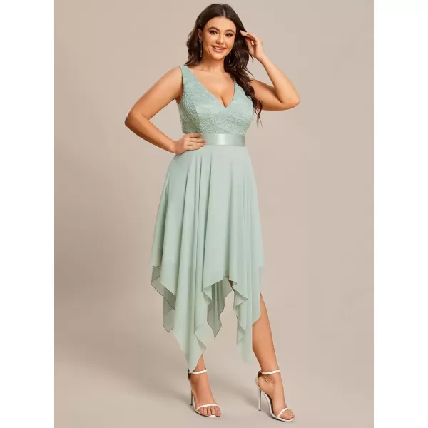 imageEverPretty V Neck Chiffon Lace Asymmetric Plus Size Knee Length Summer Formal Cocktail Dresses for Curvy Women 00207DAPHMint Green