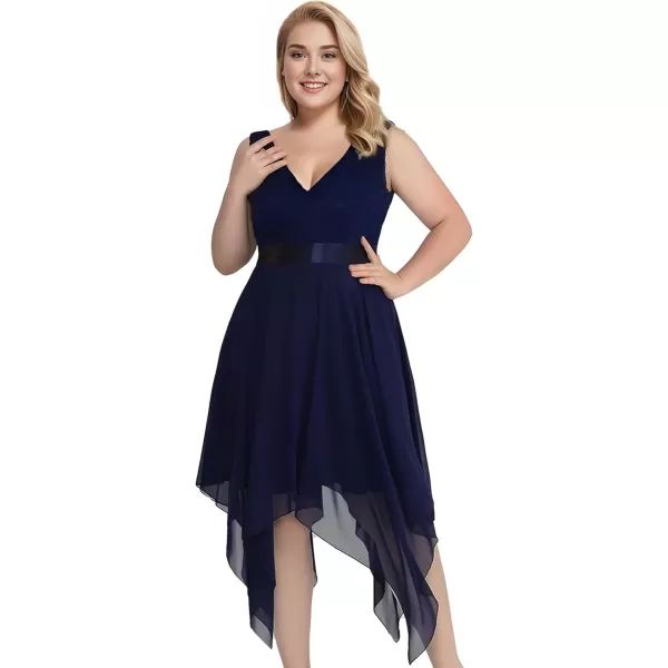 imageEverPretty V Neck Chiffon Lace Asymmetric Plus Size Knee Length Summer Formal Cocktail Dresses for Curvy Women 00207DAPHNavy Blue