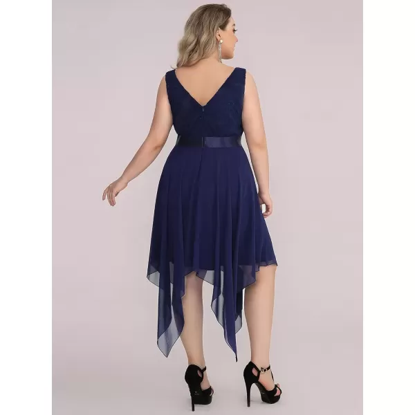 imageEverPretty V Neck Chiffon Lace Asymmetric Plus Size Knee Length Summer Formal Cocktail Dresses for Curvy Women 00207DAPHNavy Blue