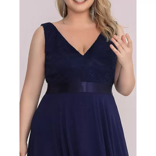 imageEverPretty V Neck Chiffon Lace Asymmetric Plus Size Knee Length Summer Formal Cocktail Dresses for Curvy Women 00207DAPHNavy Blue