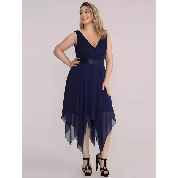 imageEverPretty V Neck Chiffon Lace Asymmetric Plus Size Knee Length Summer Formal Cocktail Dresses for Curvy Women 00207DAPHNavy Blue