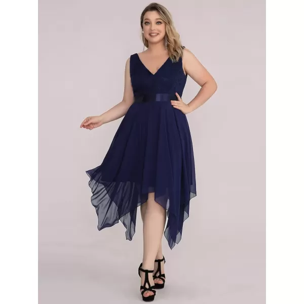 imageEverPretty V Neck Chiffon Lace Asymmetric Plus Size Knee Length Summer Formal Cocktail Dresses for Curvy Women 00207DAPHNavy Blue