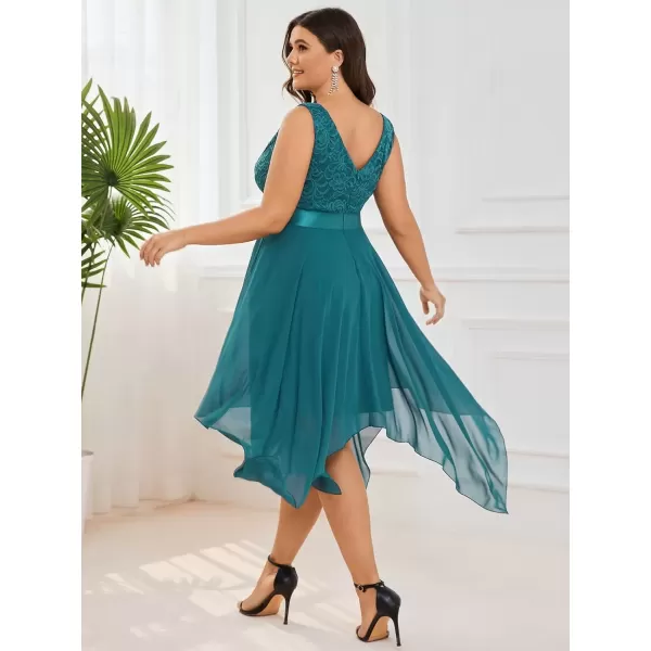 imageEverPretty V Neck Chiffon Lace Asymmetric Plus Size Knee Length Summer Formal Cocktail Dresses for Curvy Women 00207DAPHTeal