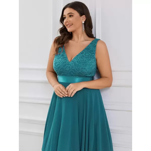 imageEverPretty V Neck Chiffon Lace Asymmetric Plus Size Knee Length Summer Formal Cocktail Dresses for Curvy Women 00207DAPHTeal