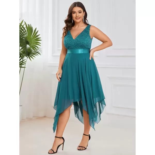 imageEverPretty V Neck Chiffon Lace Asymmetric Plus Size Knee Length Summer Formal Cocktail Dresses for Curvy Women 00207DAPHTeal