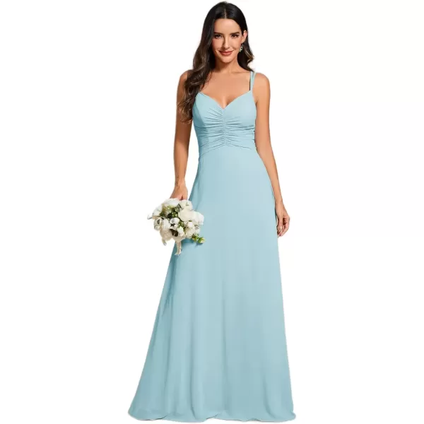 imageEverPretty Womens Chiffon VNeck Flowy Pleated Chiffon Spaghetti Straps Elegant Bridesmaid Dresses S0021Sky Blue