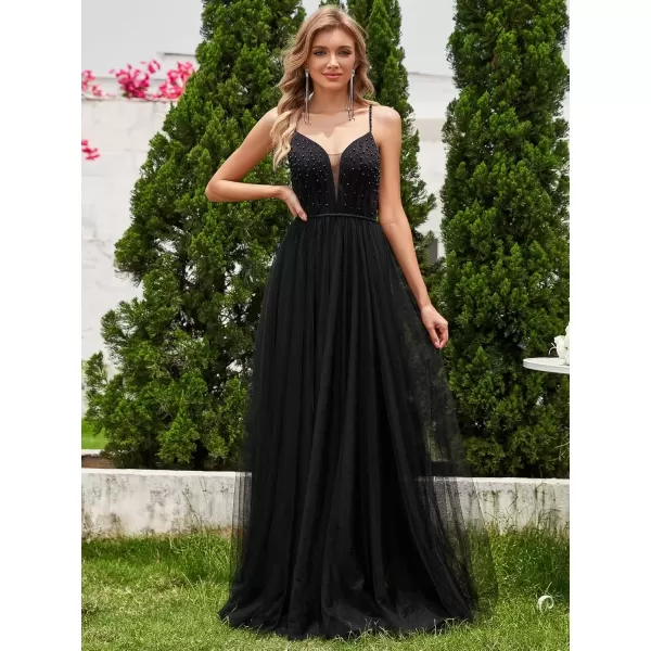 imageEverPretty Womens Deep VNeck Spaghetti Strap Tulle Floor Length ALine Wedding Dress 02075Black