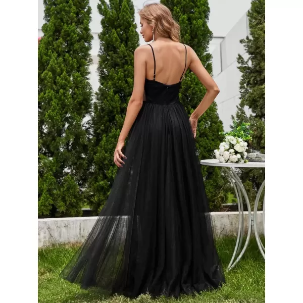 imageEverPretty Womens Deep VNeck Spaghetti Strap Tulle Floor Length ALine Wedding Dress 02075Black