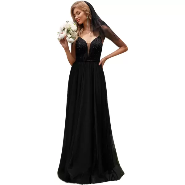 imageEverPretty Womens Deep VNeck Spaghetti Strap Tulle Floor Length ALine Wedding Dress 02075Black