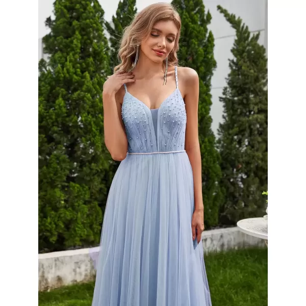 imageEverPretty Womens Deep VNeck Spaghetti Strap Tulle Floor Length ALine Wedding Dress 02075Light Dusty Blue