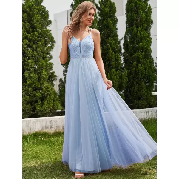 imageEverPretty Womens Deep VNeck Spaghetti Strap Tulle Floor Length ALine Wedding Dress 02075Light Dusty Blue