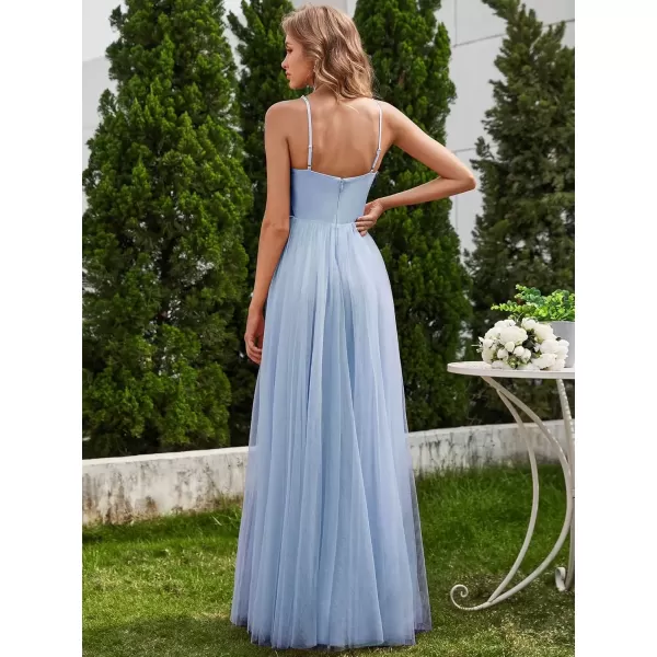 imageEverPretty Womens Deep VNeck Spaghetti Strap Tulle Floor Length ALine Wedding Dress 02075Light Dusty Blue