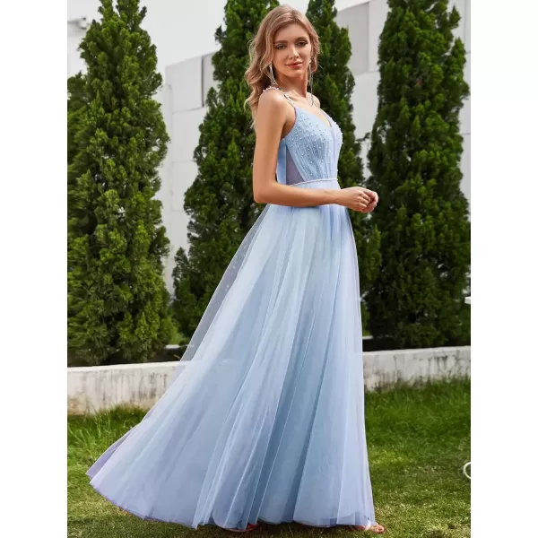 imageEverPretty Womens Deep VNeck Spaghetti Strap Tulle Floor Length ALine Wedding Dress 02075Light Dusty Blue