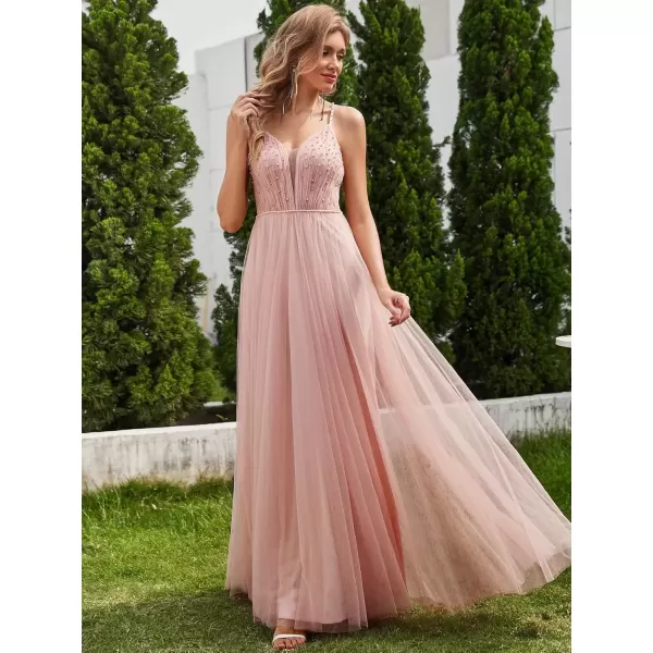 imageEverPretty Womens Deep VNeck Spaghetti Strap Tulle Floor Length ALine Wedding Dress 02075Pink