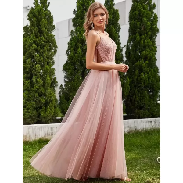 imageEverPretty Womens Deep VNeck Spaghetti Strap Tulle Floor Length ALine Wedding Dress 02075Pink