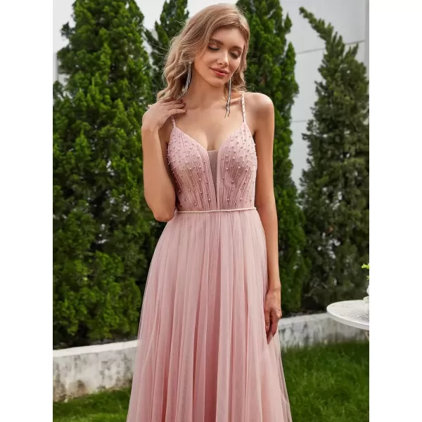 imageEverPretty Womens Deep VNeck Spaghetti Strap Tulle Floor Length ALine Wedding Dress 02075Pink