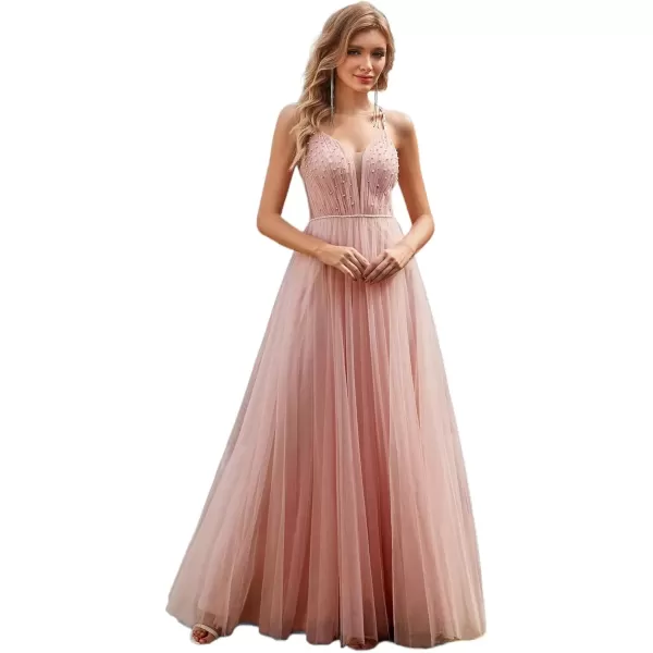 imageEverPretty Womens Deep VNeck Spaghetti Strap Tulle Floor Length ALine Wedding Dress 02075Pink