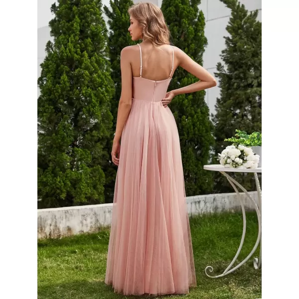 imageEverPretty Womens Deep VNeck Spaghetti Strap Tulle Floor Length ALine Wedding Dress 02075Pink