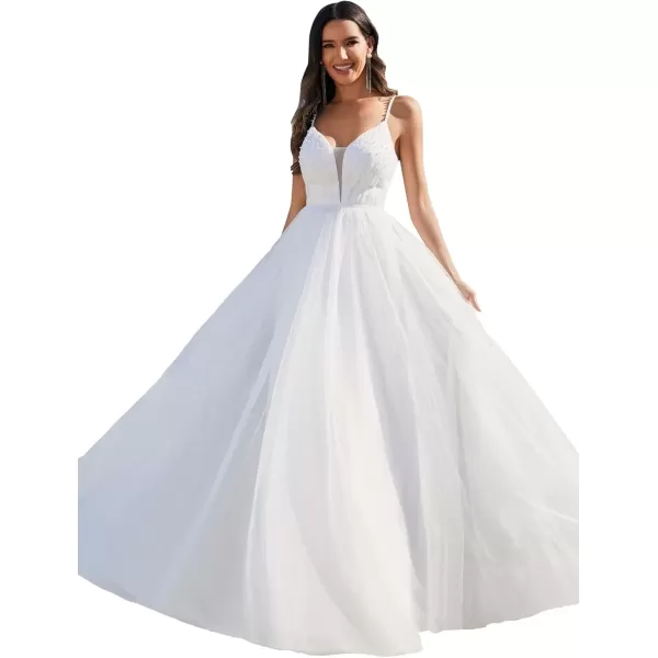 imageEverPretty Womens Deep VNeck Spaghetti Strap Tulle Floor Length ALine Wedding Dress 02075White