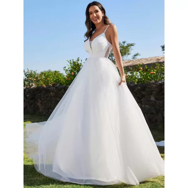 imageEverPretty Womens Deep VNeck Spaghetti Strap Tulle Floor Length ALine Wedding Dress 02075White