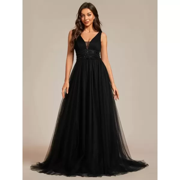 imageEverPretty Womens Maxi Sleeveless Double VNeck Lace ALine Ruched Tulle Wedding Dresses 0096ABlack