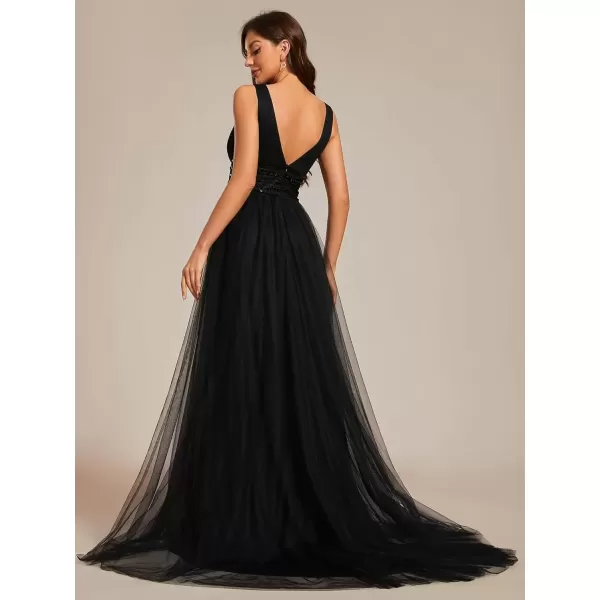 imageEverPretty Womens Maxi Sleeveless Double VNeck Lace ALine Ruched Tulle Wedding Dresses 0096ABlack